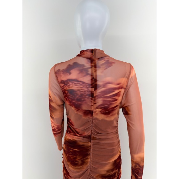 BLACK HALO Ruched Mesh Maxi Dress Sunset Cloud Print Mock Neck Slit Size 12 - Picture 9 of 9